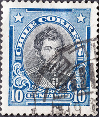.Chile - circa 1912: A post stamp from the Chile showing a portrait of the military and independence fighter Bernardo O’Higgins (1776-1842)
