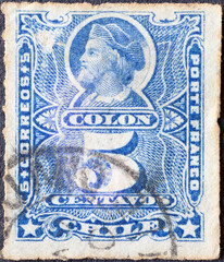 Chile - circa 1883: A post stamp from the Chile showing a portrait of the explorer Christopher Columbus (1451-1506)