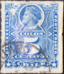 Chile - circa 1883: A post stamp from the Chile showing a portrait of the explorer Christopher...
