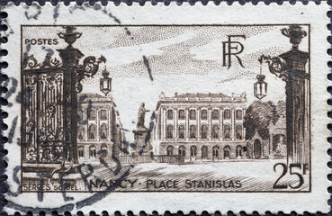 France - circa 1947: A postage stamp from France showing the Place Stanislas in Nancy