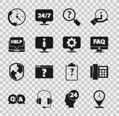 Set Location with clock, Telephone, Computer monitor and FAQ, Unknown search, Information, Laptop help, 24 hours support and gear icon. Vector
