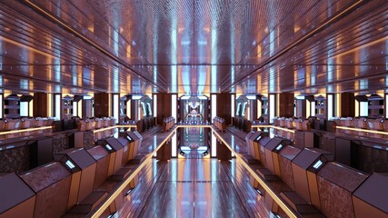 4K UHD 3D illustration of mirrored sci fi corridor as geometric background