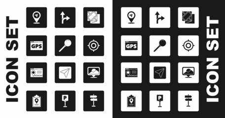 Set Folded map, Push pin, Gps device with, Location, Target sport, Road traffic sign, and Infographic of city navigation icon. Vector