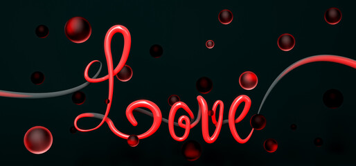 word LOVE with abstract red neon lamp and spheres around