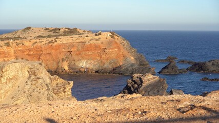 Spanish coastline red rock cliff overlooking the sea  Cape Palos, Cartagena, Murcia region, Spain....