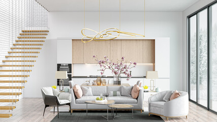 Modern bright Scandinavian-style living room interior. 3D rendering