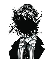 Hand drawn portrait of a strange handsome man with anonymous face canceled by a big ink blot splatter. Head in modern and surreal tattoo art. Isolated vector illustration.