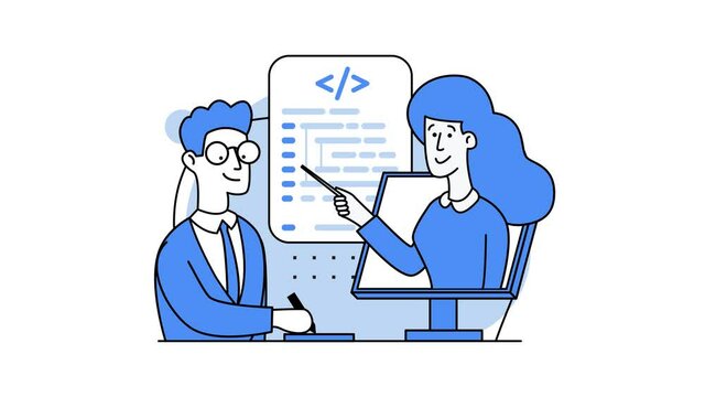 Programming training. Online courses for a programmer. Concept of script coding. HTML language. A programmer working on web development on PC. Workplace of the programmer. 2d animation in blue colors.
