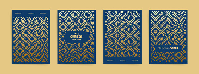 Japanese festival poster design template set. Chinese lunar new year style. A4 vector corporate business layouts. Blue geometric patterns graphic for brochure, flyer, banner, presentation, cover.