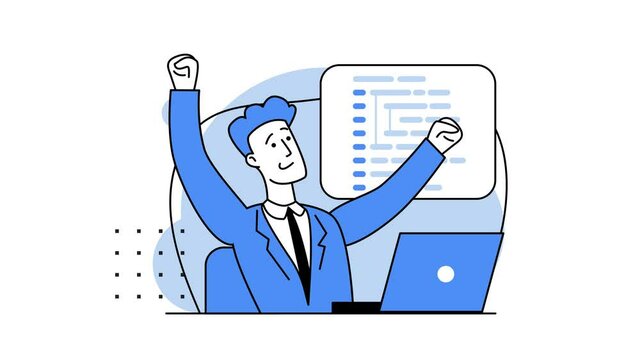Concept of script coding, programming. A programming language. Programmer working on web development on computer. Software developers. Workplace of the programmer. 2d flat animation in blue colors.