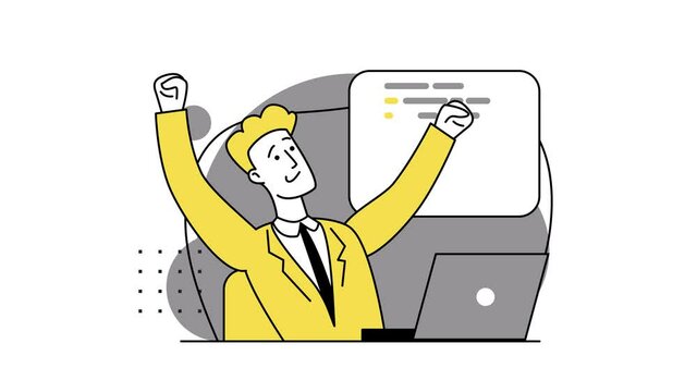 Concept of script coding, programming. A programming language. Programmer working on web development on computer. Software developers. Workplace of the programmer. 2d flat animation in yellow-gray
