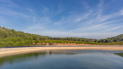 Fototapeta na wymiar Artificial lake and cultivation of manranges in Algar de Palancia in the Valencian community, Spain. Close to Valencia Spain.