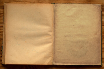 Old shabby book with yellow paper from time to time. Reversal.