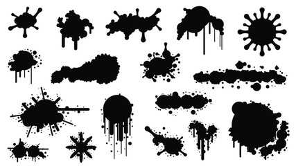 Black Spray Different Set Paint Blot Element Vector Design Style Object Brush Grunge
