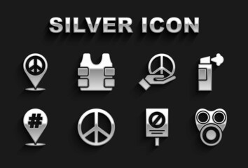 Fototapeta premium Set Peace, Pepper spray, Gas mask, Protest, Location peace and Bulletproof vest icon. Vector
