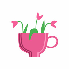 Tulips in a mug. Bright vector clipart. Spring illustration. Pink flowers.