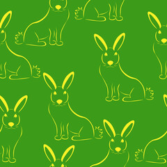 Rabbit stylized silhouette seamless pattern, yellow outline rabbit on a green background