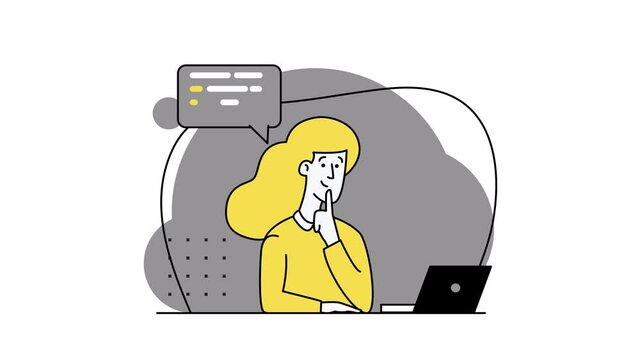 Blonde programmer girl. Concept of script coding, programming. A programming language. Programmer working on web development on computer. Software developers. Workplace of the programmer. 2d animation