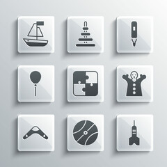 Set Basketball ball, Dart arrow, Toy puppet doll on hand, Puzzle pieces toy, Boomerang, Balloons with ribbon, boat and Marker pen icon. Vector