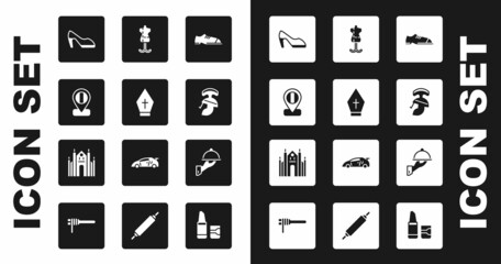 Set Men shoes, Pope hat, Location flag Italy, Woman, Roman army helmet, Mannequin, Covered with tray of food and Milan Cathedral icon. Vector