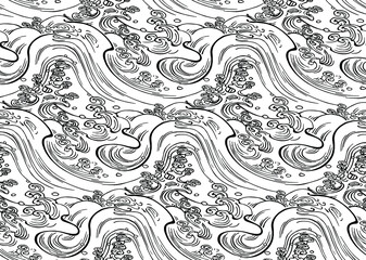 Black and white stormy sea and waves in the style of asian traditional prints. Vector seamless pattern.