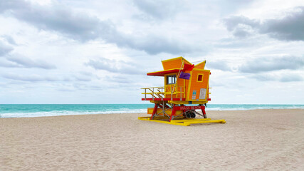 Lifeguard hut in Miami Beach, in a cloudy day.