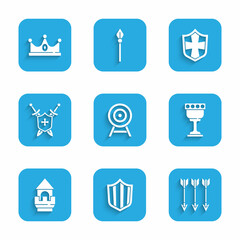 Set Target with arrow, Shield, Crossed arrows, Medieval goblet, Castle tower, shield swords, and King crown icon. Vector