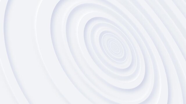 Trendy clean white neomorphism motion background animation with radiating concentric circles. This minimalist abstract background is full HD and a seamless loop.