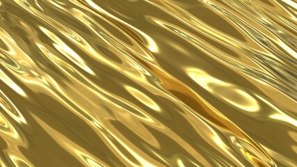 A stream of liquid gold. Yellow background with a flowing golden river. 3D image with golden texture with diagonal waves.
