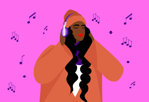 woman listening to music with closed eyes on headphones surrounded by musical notes
