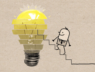 Cartoon Businessman Climbing up Levels to a Lightening Bulb