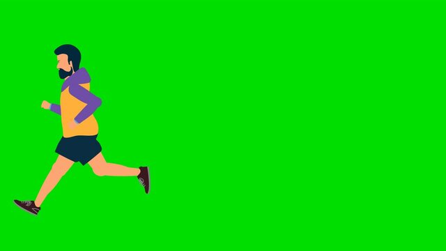 Animation side view man character jogging or running. 2D animation 4K. Greenscreen/Alpha matte. Seamlees loop