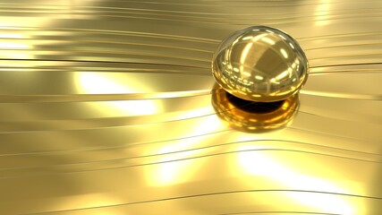 Golden abstraction with a transparent ball. Close-up of a golden drop of liquid gold on a golden texture with smooth lines. 3D image.

