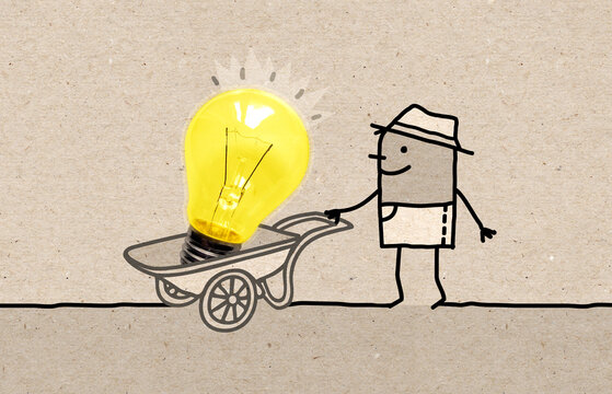 Cartoon Farmer with big Yellow light bulb in a Wheelbarrow