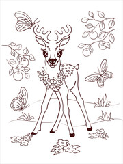 Naklejka premium Сoloring book, a little fawn playing in the meadow.