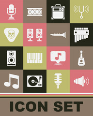 Set Speaker volume, Guitar, Pan flute, amplifier, Stereo speaker, pick, Microphone and Clarinet icon. Vector