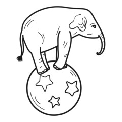 Elephant stands on a ball, performance in the circus arena Hand drawing vector illustration, coloring page or book for kids and adults