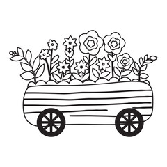 Wheelbarrow garden, cart flowers and plant, Coloring Page or Book for Kids and Adults