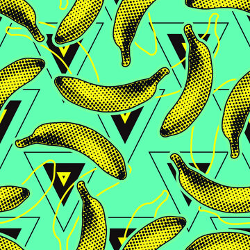 Seamless vector pop art style pattern of dot halftone yellow bananas, color outline banana silhouettes and minimal triangle geometric shapes on green background.
