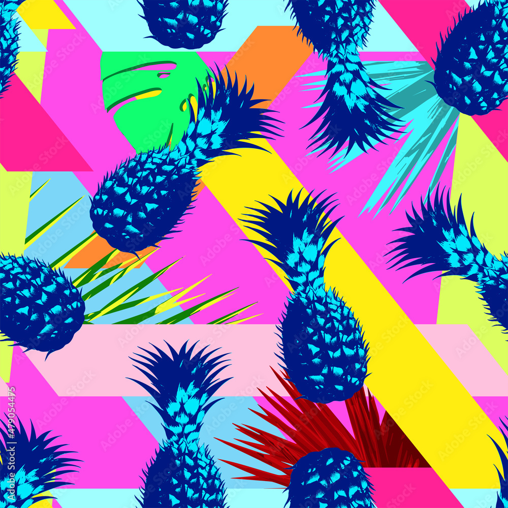 Aufkleber vector abstract seamless minimalist pattern of geometrical shapes and tropical exotic leaves in psyc