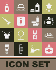 Set Perfume, Electric iron, Bar of soap, Bottle shampoo, Female toilet, Rubber plunger, liquid and Toilet bowl icon. Vector