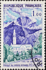 France - circa 1960: A postage stamp from France showing a landscape with Cilaos Church and Great...