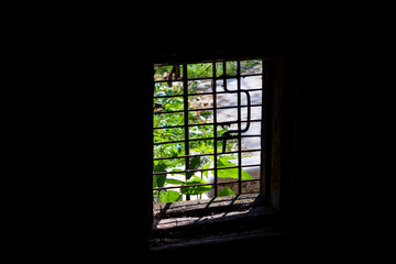 View from a dark barn through a window closed with an iron grate