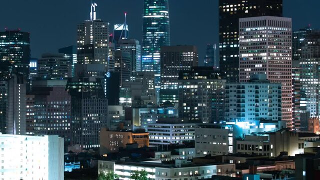 San Francisco Downtown Financial District Buildings from Russian Hill Telephoto Night Time Lapse California USA
