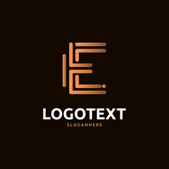 E letter golden logo abstract design on dark color background. E alphabet logo