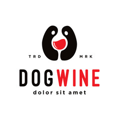 Wine dog logo design emblem beverage concept. Beer Emblem Puppy pet logo with glass Vector Label Stock Illustration.