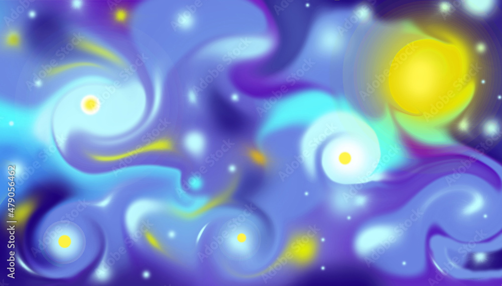 Wall mural Abstract pattern of liquid and blurry glowing moon and starry sky abstract background in the style of impressionist paintings.