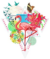 Abstract vector illustration of hand drawn pink flamingo with geometrical tropical designs, flying birds, butterflies, and bright red lilies and triangles and colorful pattern balls.