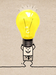 Cartoon Strong Businessman Carrying a Big Yellow light Bulb
