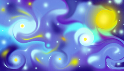 Abstract pattern of liquid and blurry glowing moon and starry sky abstract background in the style of impressionist paintings.